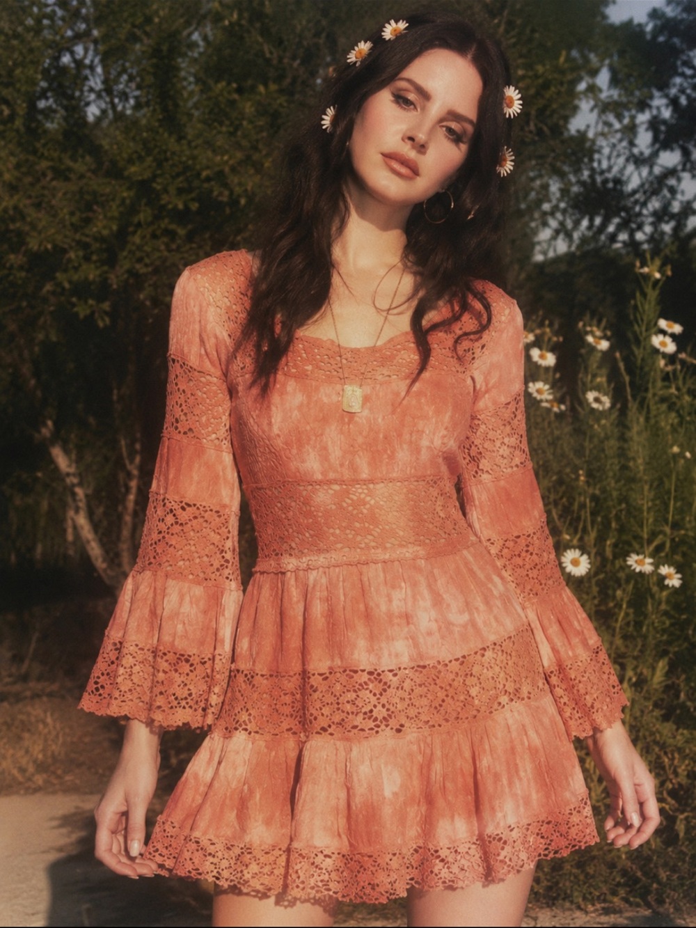 Free People Pippa Dress - Distressed Coral Lace-Tiered Bell-Sleeve Mini